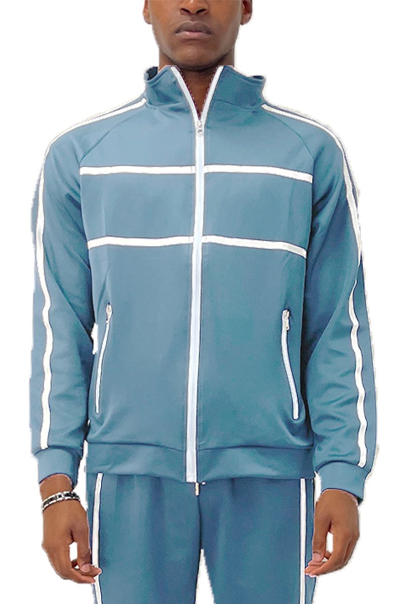 A stylish Solid Tape Track Jacket featuring a full zip design, standard pockets, and a comfortable fit, made from polyester and spandex.