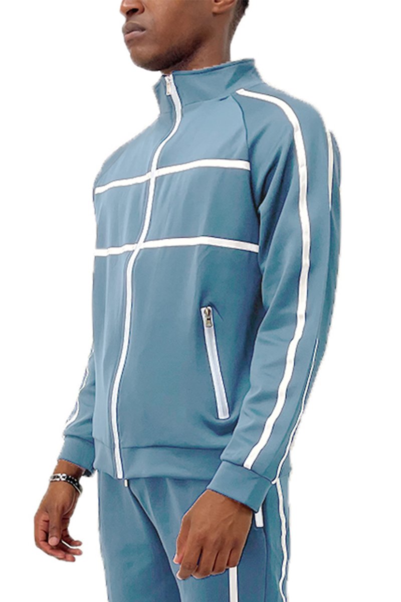 A stylish Solid Tape Track Jacket featuring a full zip design, standard pockets, and a comfortable fit, made from polyester and spandex.