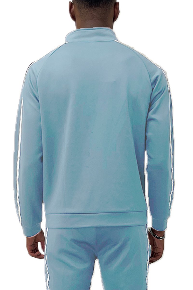 A stylish Solid Tape Track Jacket featuring a full zip design, standard pockets, and a comfortable fit, made from polyester and spandex.