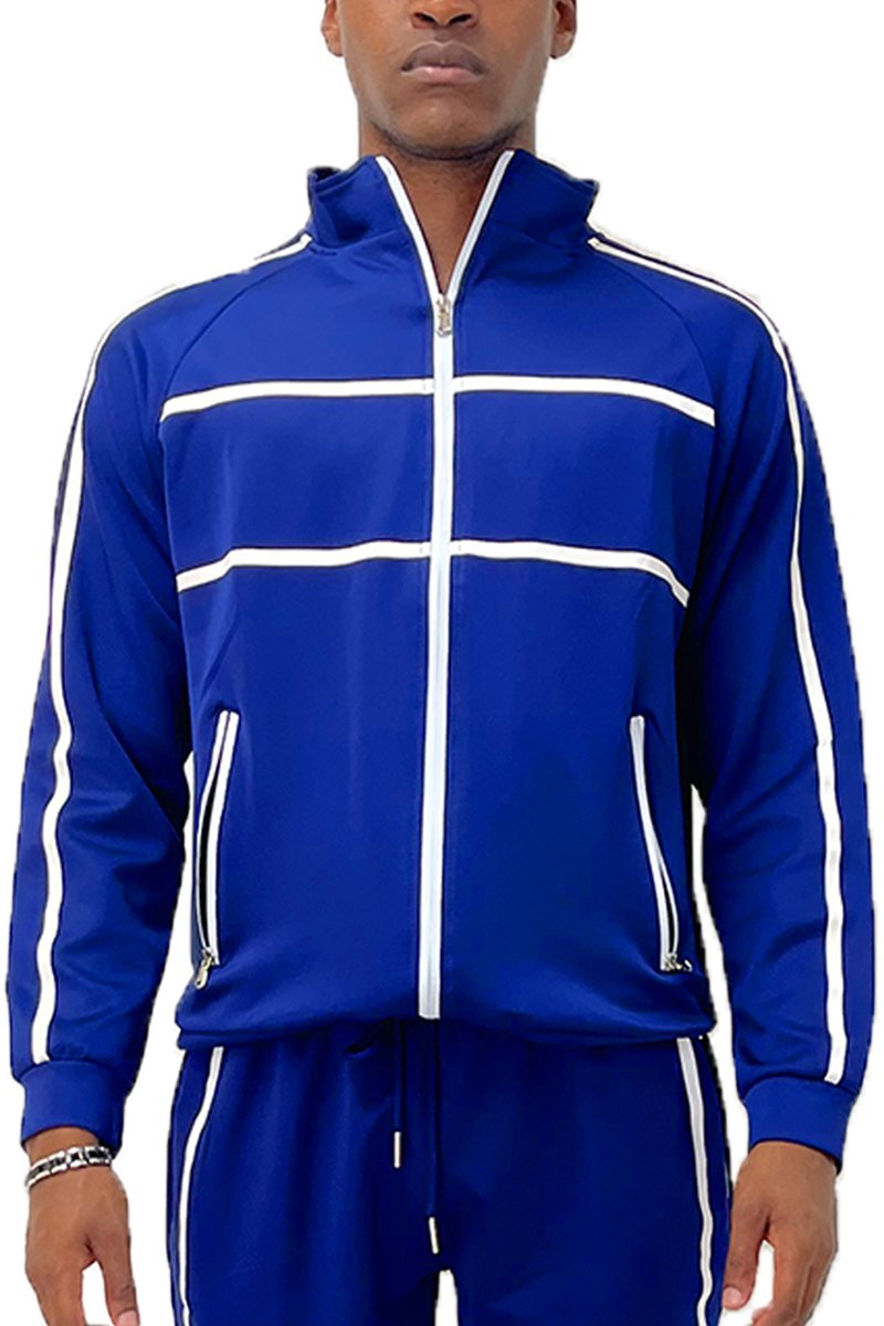 A stylish Solid Tape Track Jacket featuring a full zip design, standard pockets, and a comfortable fit made from polyester and spandex.