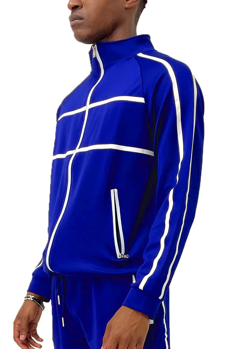 A stylish Solid Tape Track Jacket featuring a full zip design, standard pockets, and a comfortable fit made from polyester and spandex.