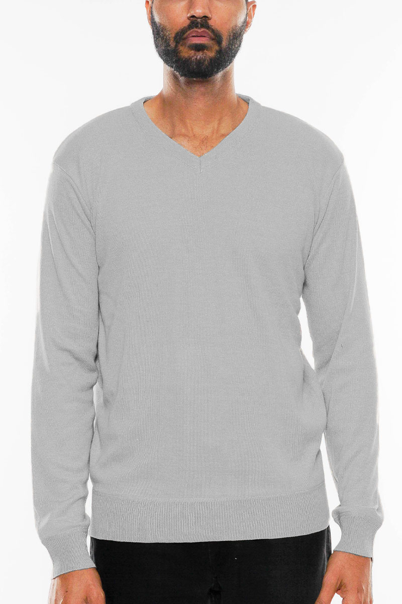 Men's Solid Vneck Knit Pullover Sweater in a stylish design, made from 100% polyester, showcasing its V-neck and regular fit.