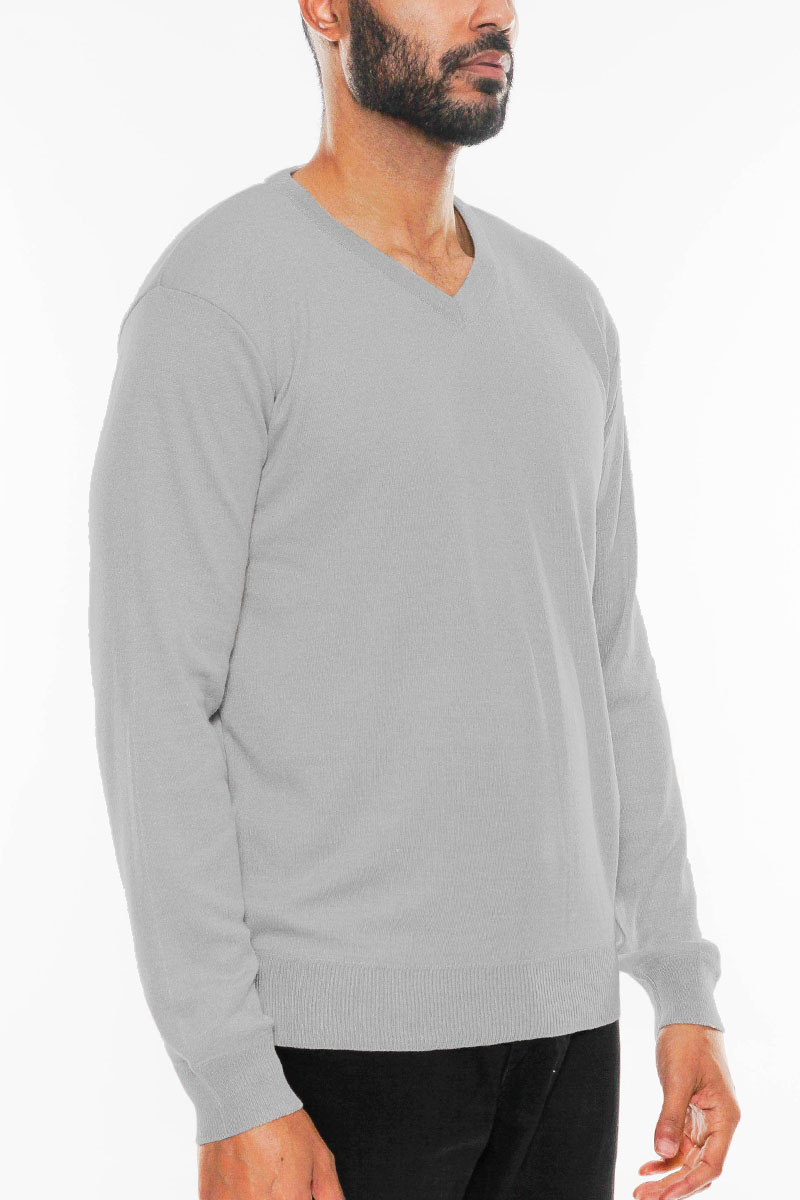 Men's Solid Vneck Knit Pullover Sweater in a stylish design, made from 100% polyester, showcasing its V-neck and regular fit.