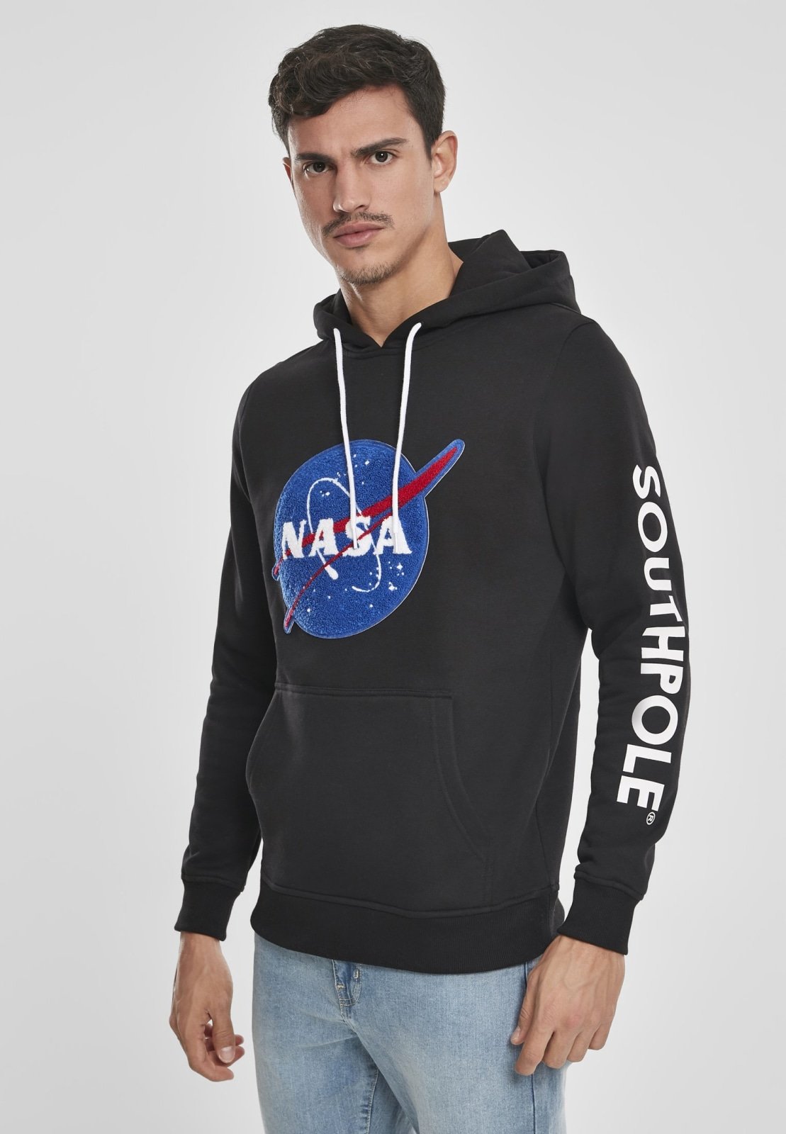 Black Southpole NASA Insignia Logo Hoodie featuring chenille NASA logo and Southpole logo on sleeve.