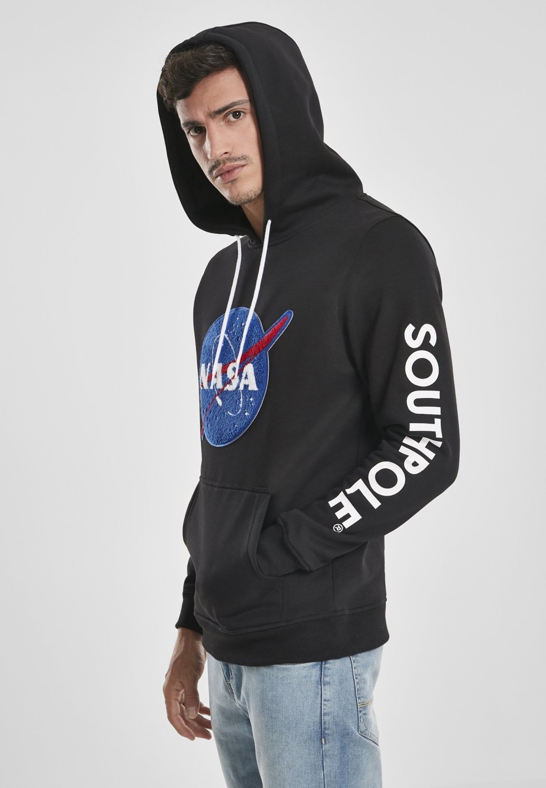 Black Southpole NASA Insignia Logo Hoodie featuring chenille NASA logo and Southpole logo on sleeve.