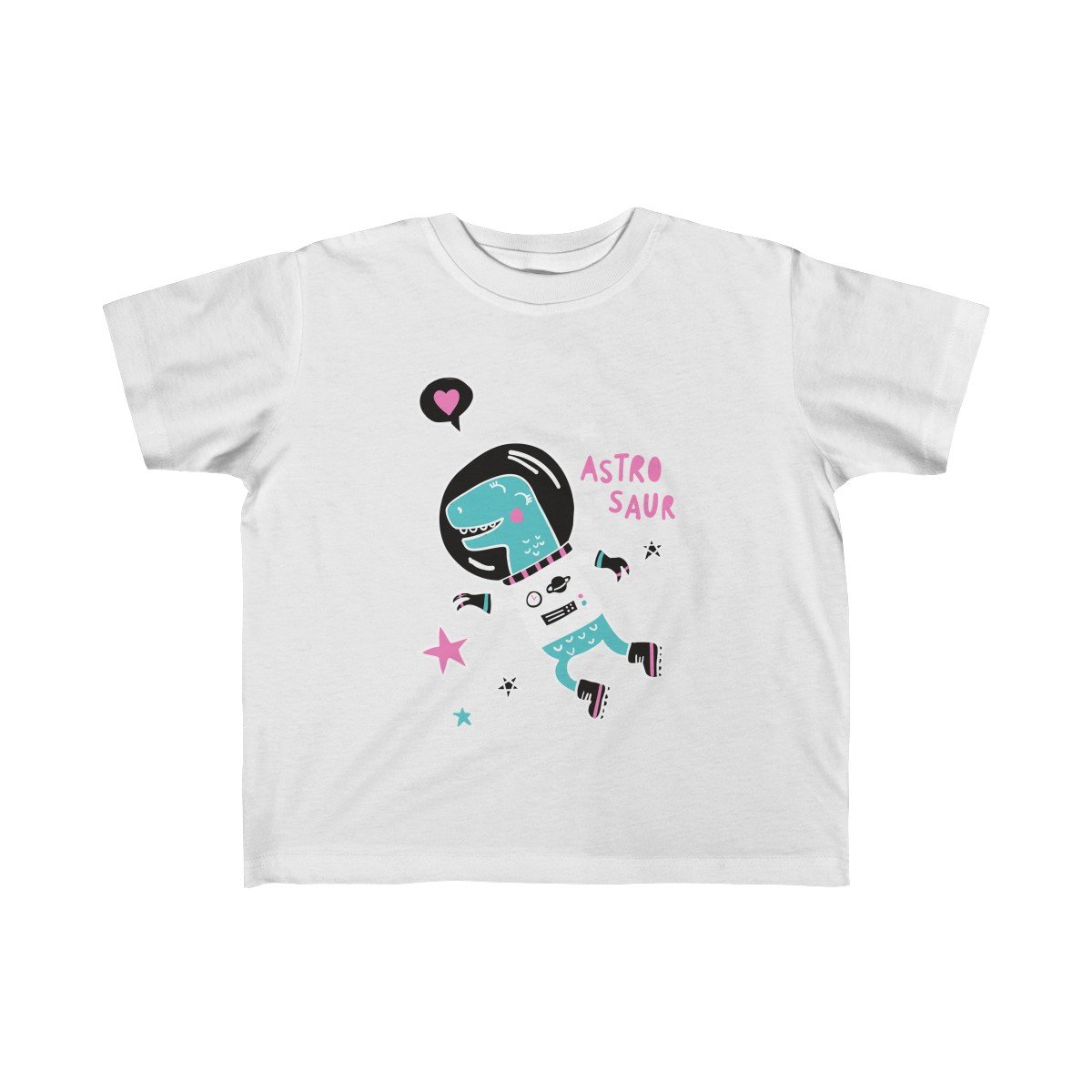 A colorful Space Dinosaur Toddlers Tee featuring a playful dinosaur design, made from soft cotton fabric, perfect for toddlers.