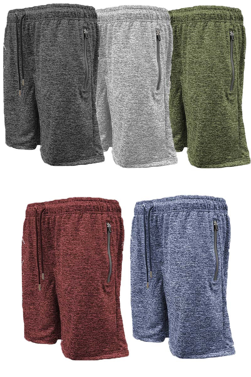 A pair of speckled performance shorts featuring an elastic waist, drawstring, and pockets, designed for comfort and mobility.