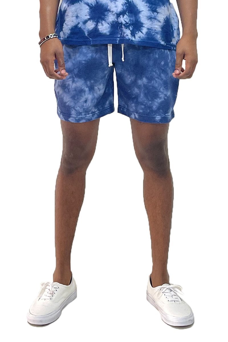 A pair of vibrant splattered tie dye shorts with an elastic waist and pockets, showcasing a unique and stylish design.