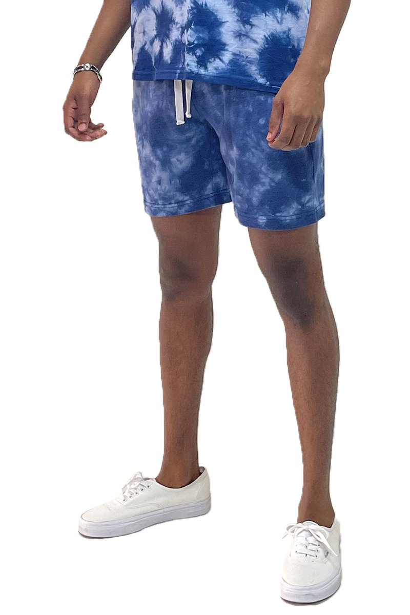 A pair of vibrant splattered tie dye shorts with an elastic waist and pockets, showcasing a unique and stylish design.