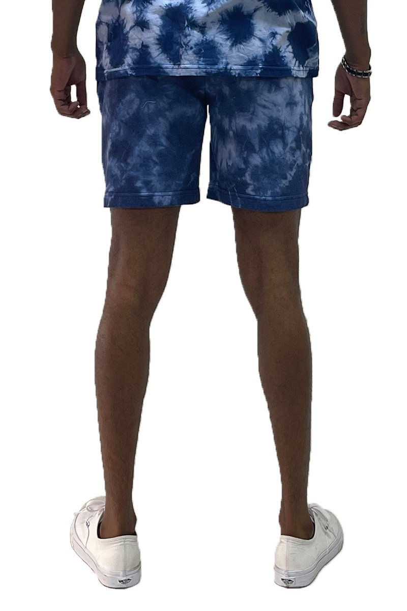 A pair of vibrant splattered tie dye shorts with an elastic waist and pockets, showcasing a unique and stylish design.