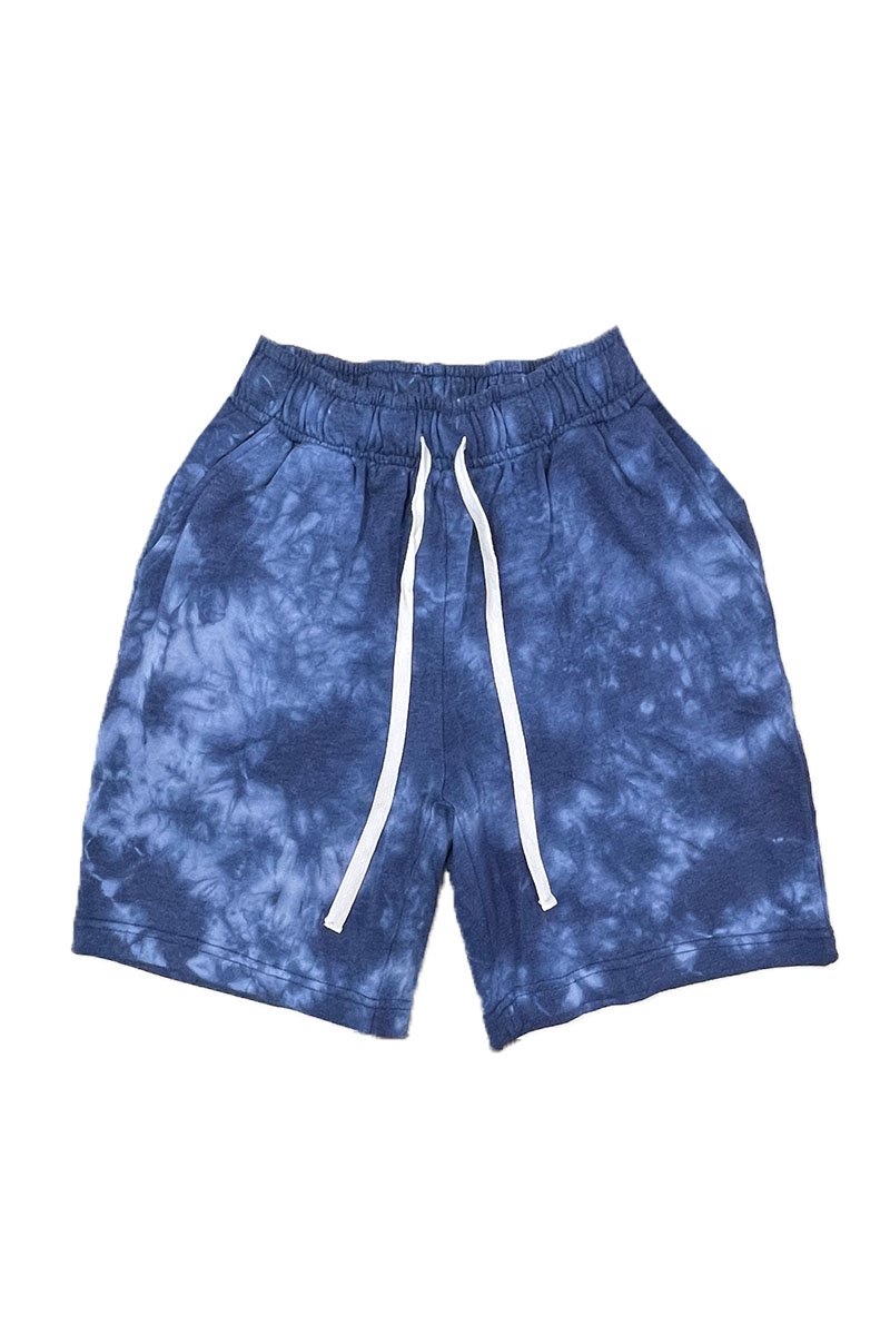 A pair of vibrant splattered tie dye shorts with an elastic waist and pockets, showcasing a unique and stylish design.