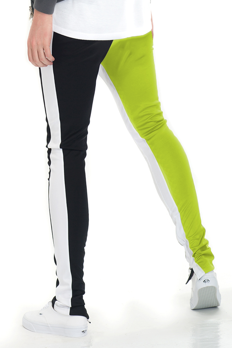 A pair of stylish Split Two Tone Track Pants featuring an elastic waist, drawstring, and hidden ankle zippers, perfect for workouts and casual wear.