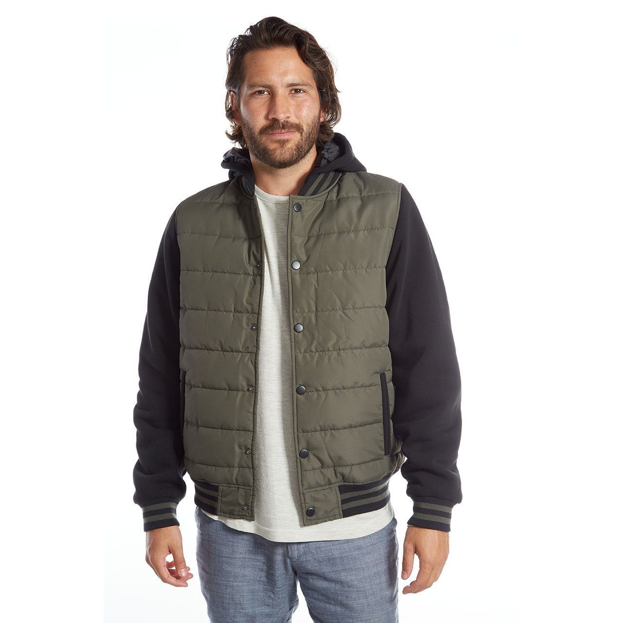 Stanley Quilted Puffer Jacket featuring fleece sleeves and hood, designed for warmth and style.