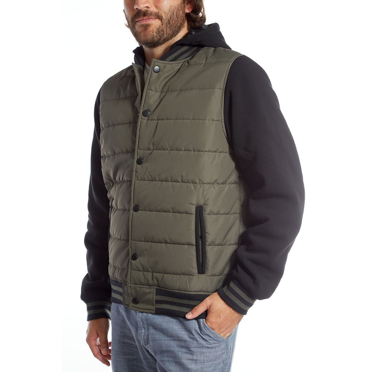 Stanley Quilted Puffer Jacket featuring fleece sleeves and hood, designed for warmth and style.