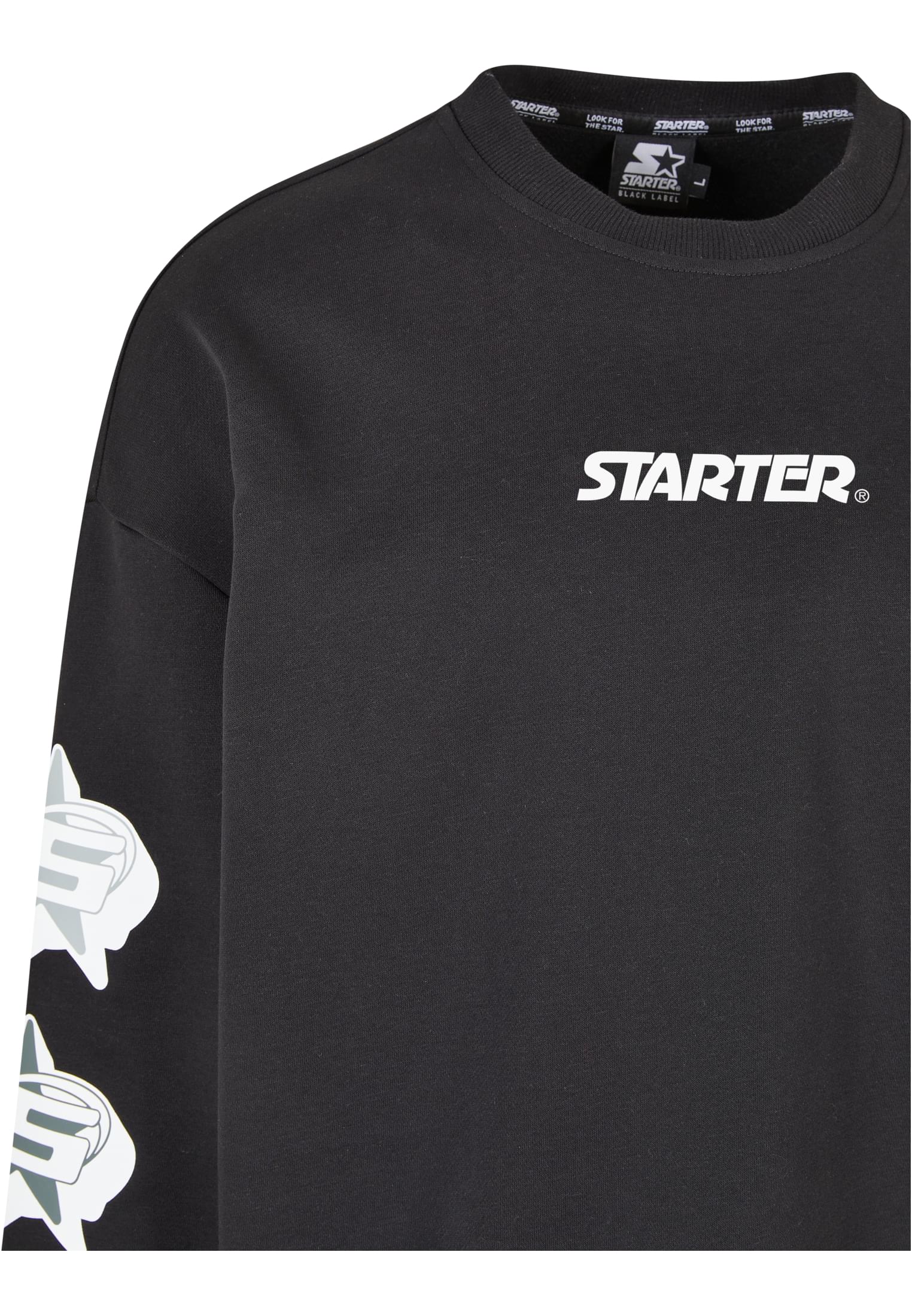 Men's Star Sleeve Crewneck sweatshirt featuring shooting star logo prints on sleeves and central Starter logo.