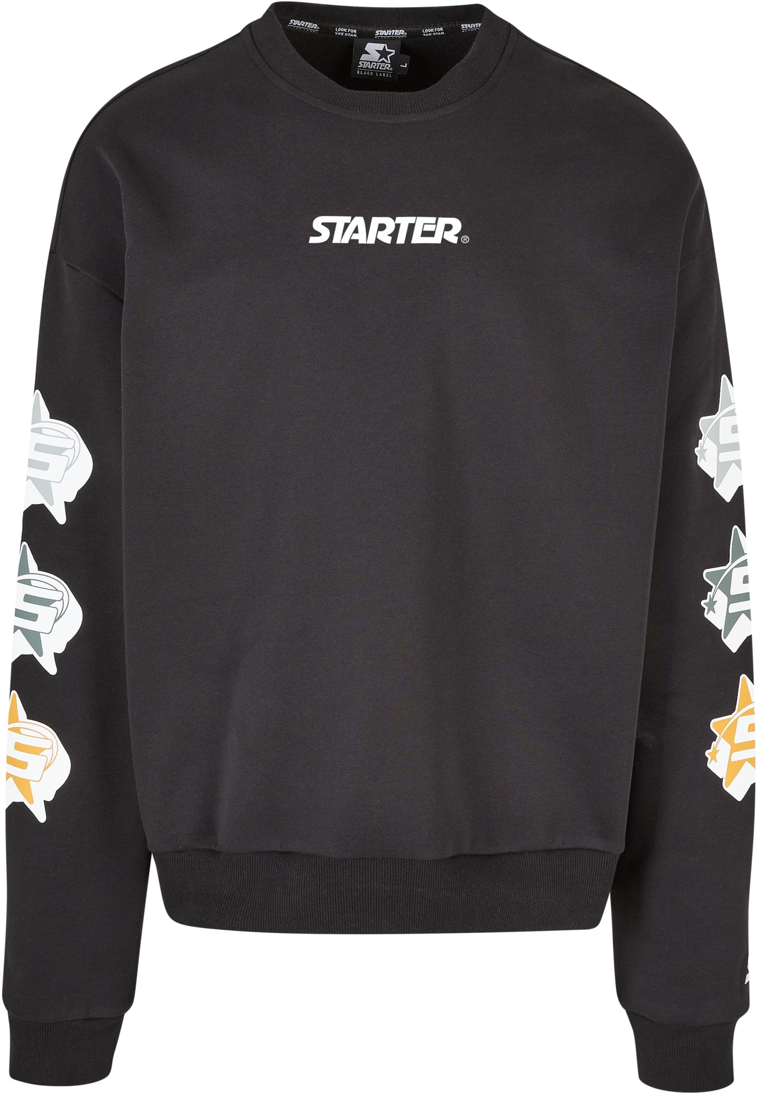 Men's Star Sleeve Crewneck sweatshirt featuring shooting star logo prints on sleeves and central Starter logo.