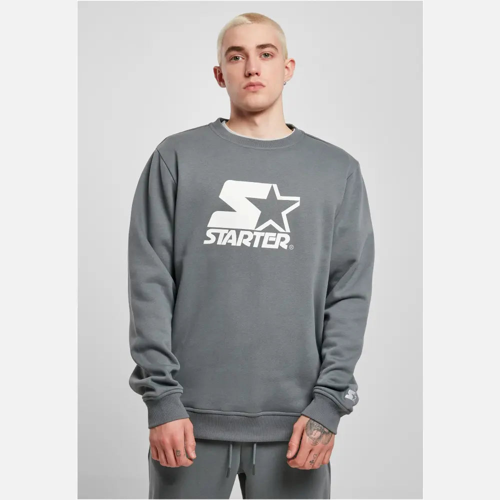 Men's Starter Logo Crewneck Sweatshirt featuring a large logo print on the chest, ribbed cuffs, and a round neck design in soft brushed fleece.