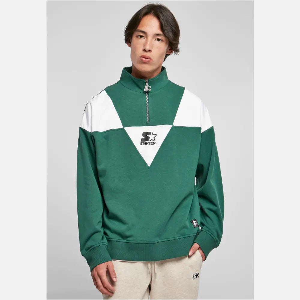 Men's Starter Triangle Troyer sweater featuring triangular color inserts and a stand-up collar with zipper.