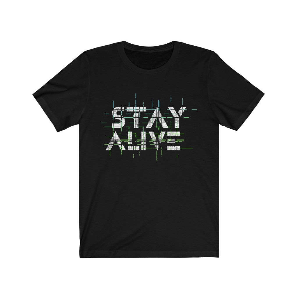 Stay Alive Lettering T-Shirt in various colors, showcasing soft cotton fabric and stylish lettering design.