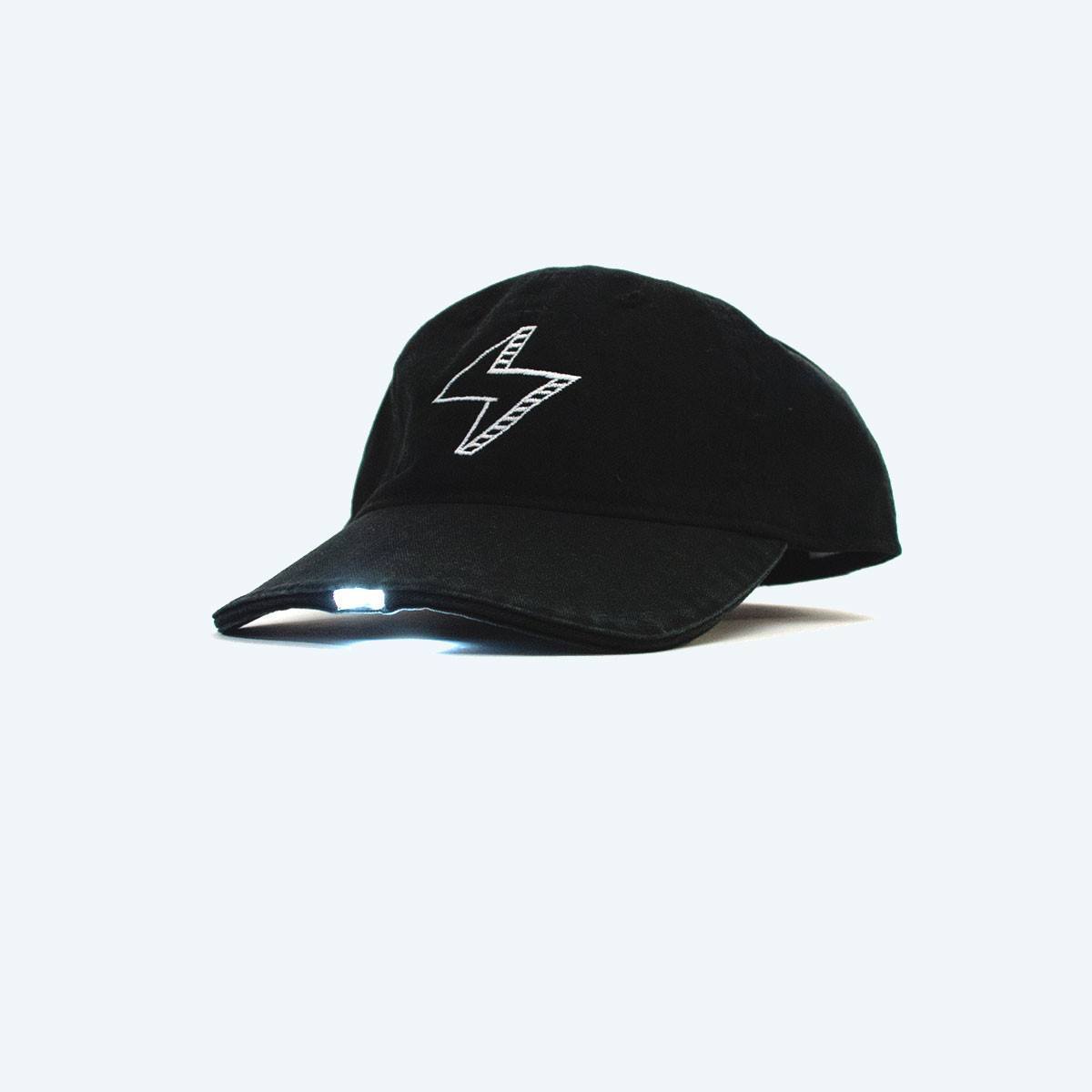 A stylish midnight black cap featuring embedded LED lights, perfect for outdoor activities and night walks.