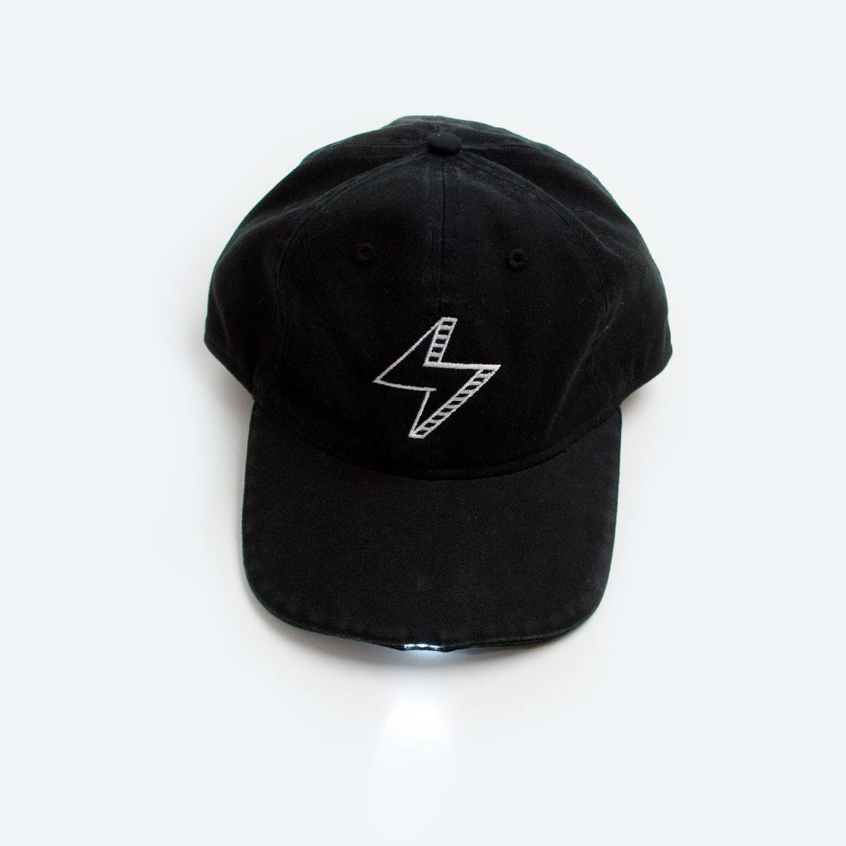 A stylish midnight black cap featuring embedded LED lights, perfect for outdoor activities and night walks.