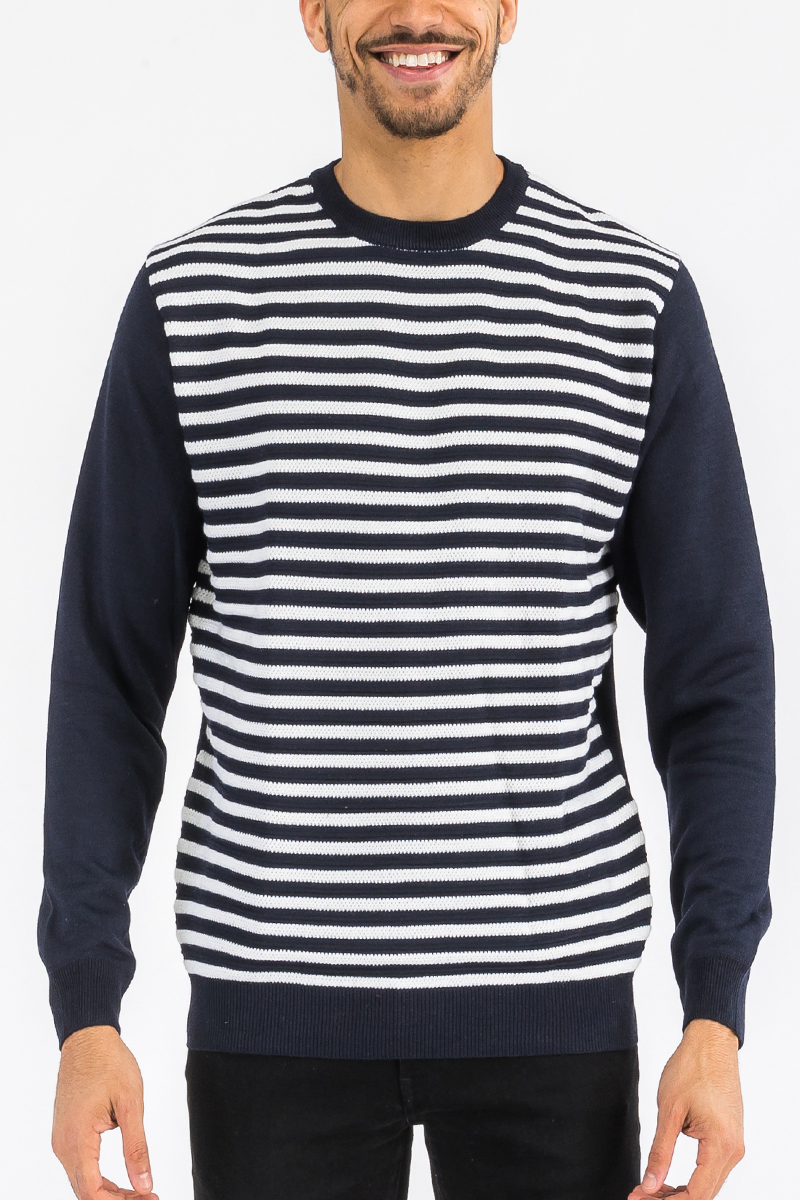 Striped Cutout Knit Sweater NR2015 with solid sleeves, showcasing a stylish striped pattern in a cozy knit fabric.