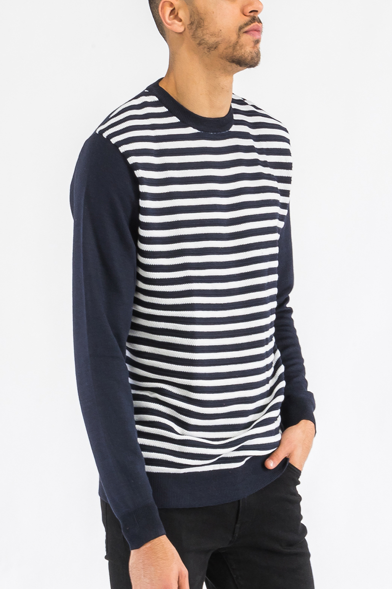 Striped Cutout Knit Sweater NR2015 with solid sleeves, showcasing a stylish striped pattern in a cozy knit fabric.