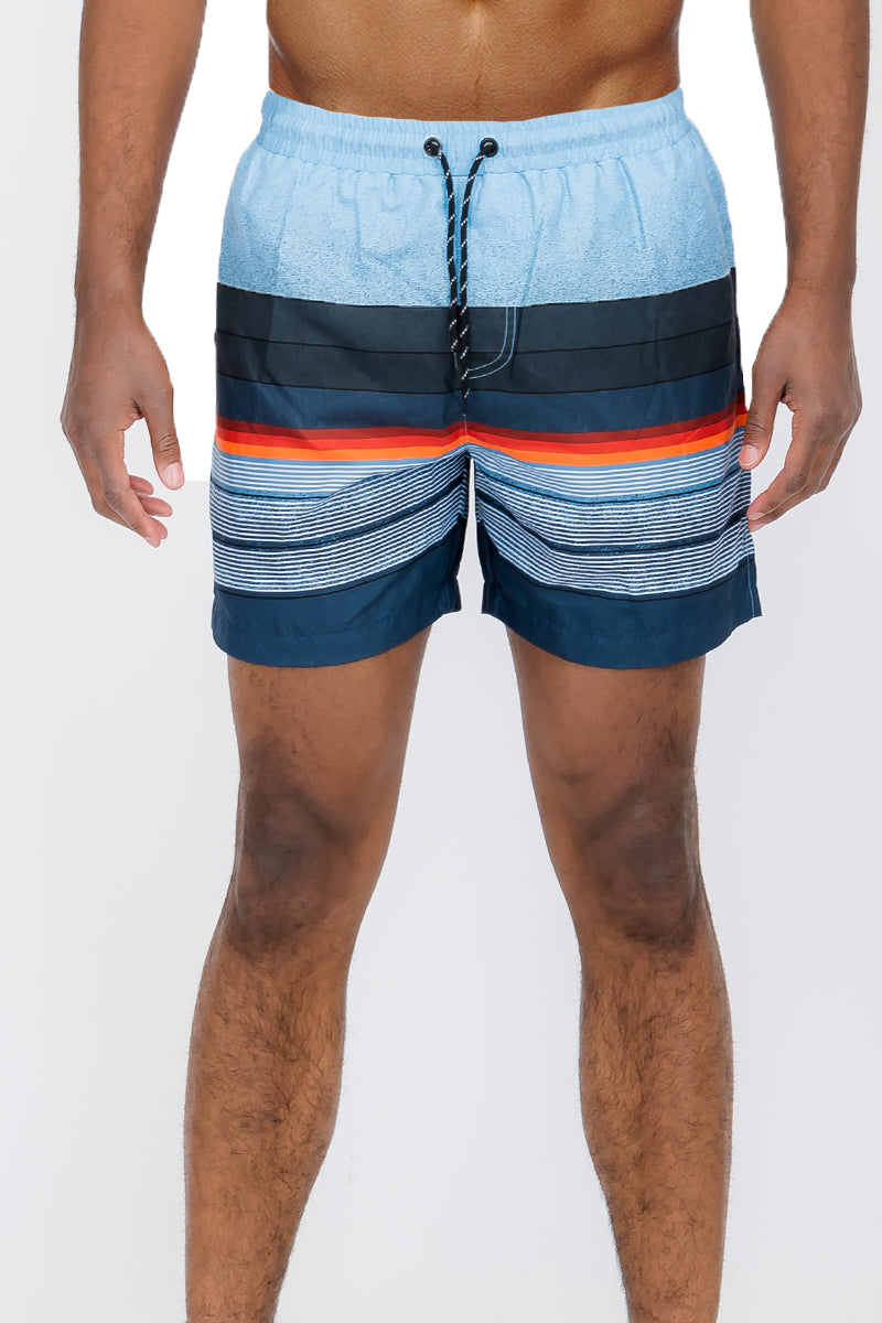 Striped Print Swim Shorts made of 100% polyester, featuring a regular fit, mesh lining, and pockets for convenience.