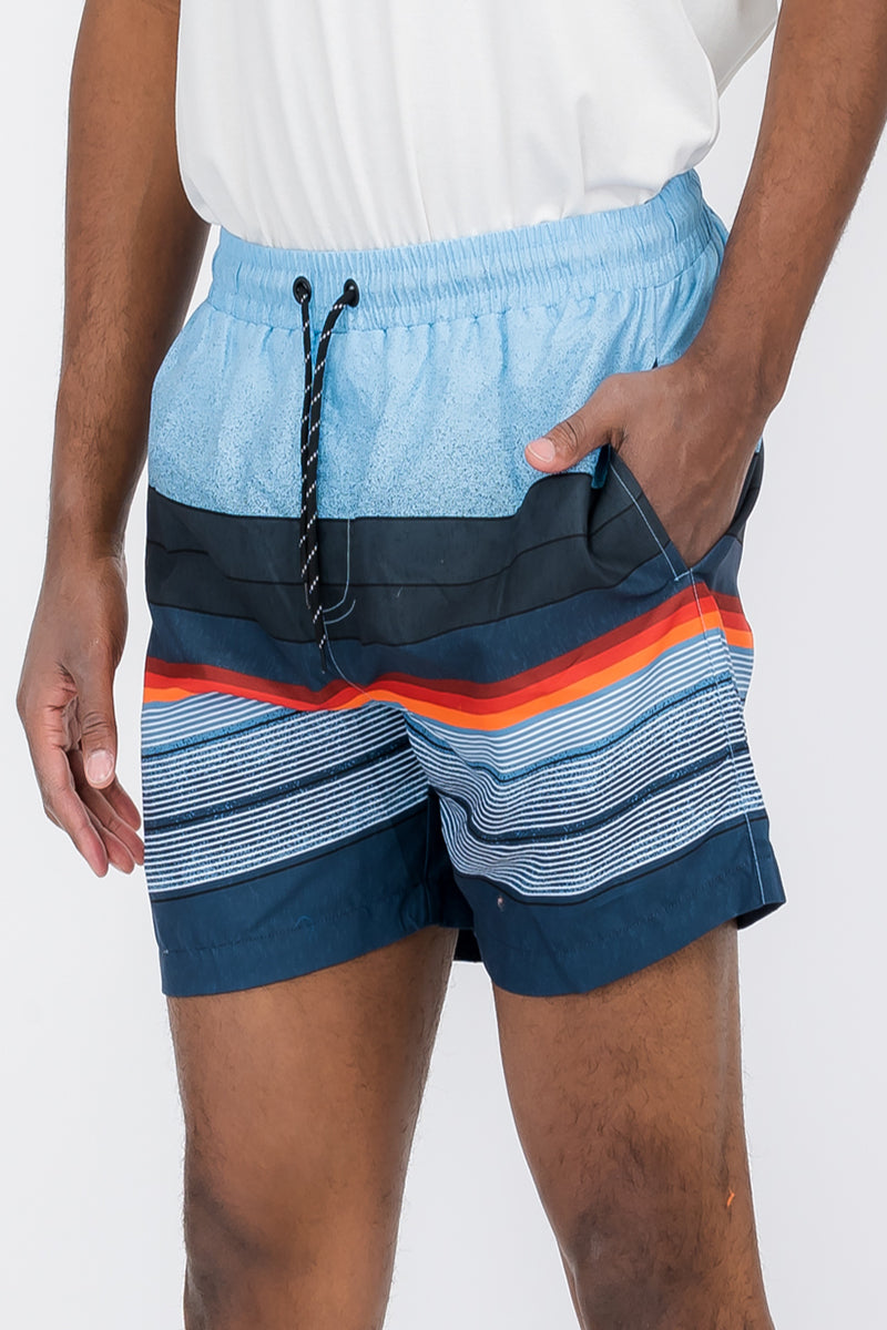 Striped Print Swim Shorts made of 100% polyester, featuring a regular fit, mesh lining, and pockets for convenience.