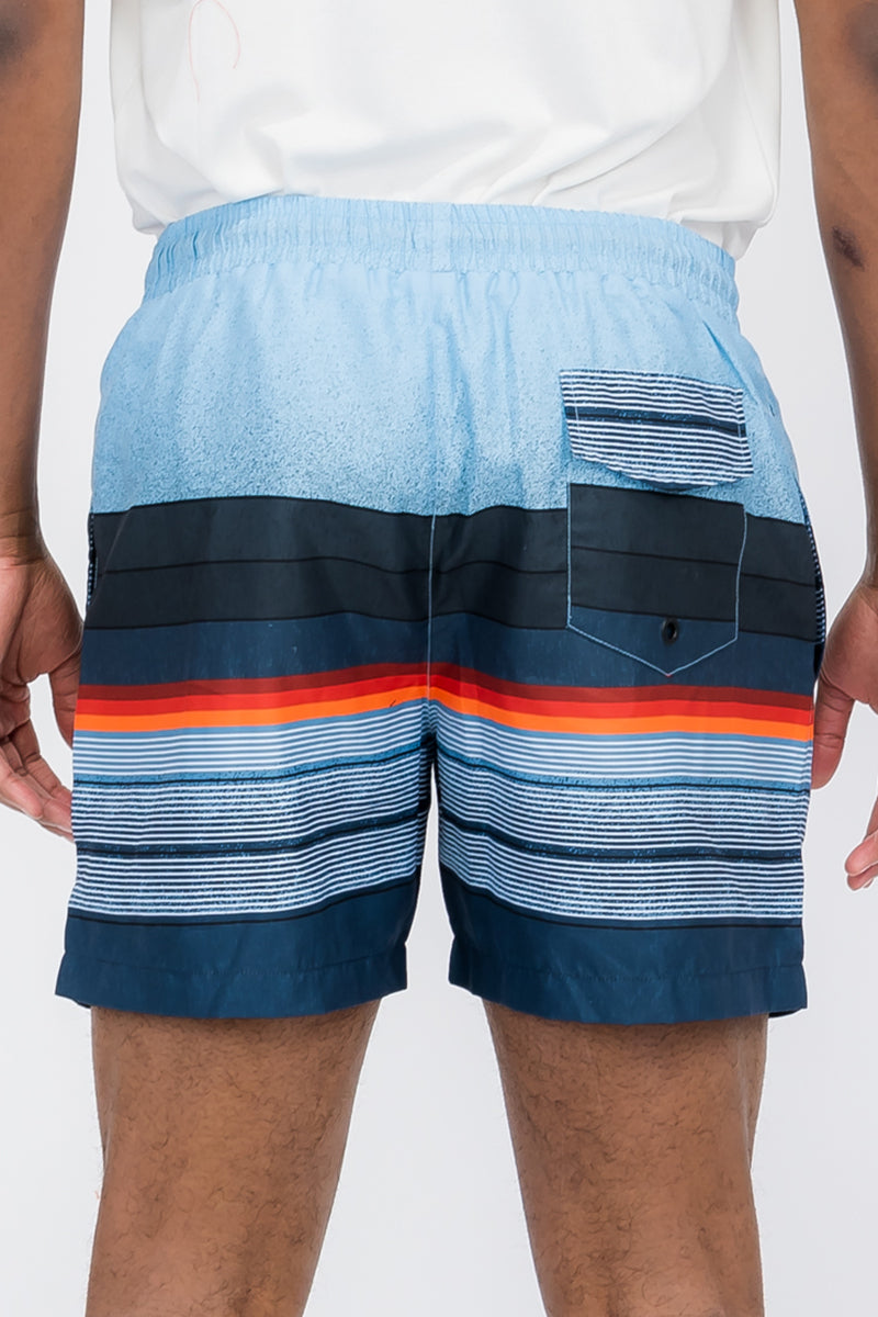 Striped Print Swim Shorts made of 100% polyester, featuring a regular fit, mesh lining, and pockets for convenience.