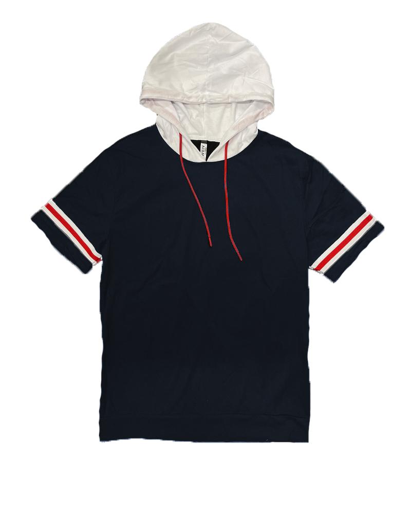 A stylish striped tape hooded tee made of 100% cotton, featuring sleeve tape detail and a drawstring hood.