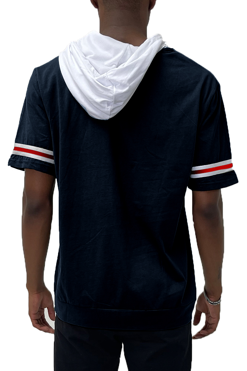 A stylish striped tape hooded tee made of 100% cotton, featuring sleeve tape detail and a drawstring hood.