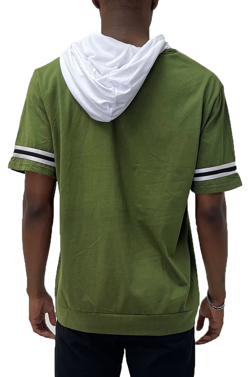 A stylish striped tape hooded tee made from 100% cotton, featuring a drawstring and sleeve tape detail.