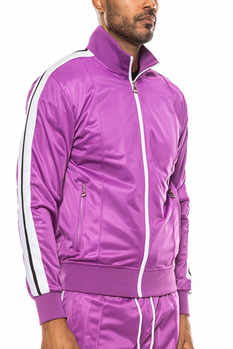 A stylish striped tape track jacket made of 100% polyester, featuring a full zip, collar, and zippered pockets.