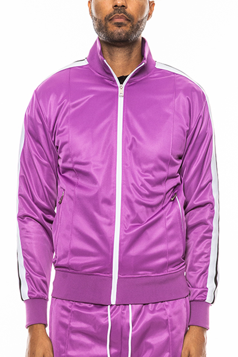 A stylish striped tape track jacket made of 100% polyester, featuring a full zip, collar, and zippered pockets.