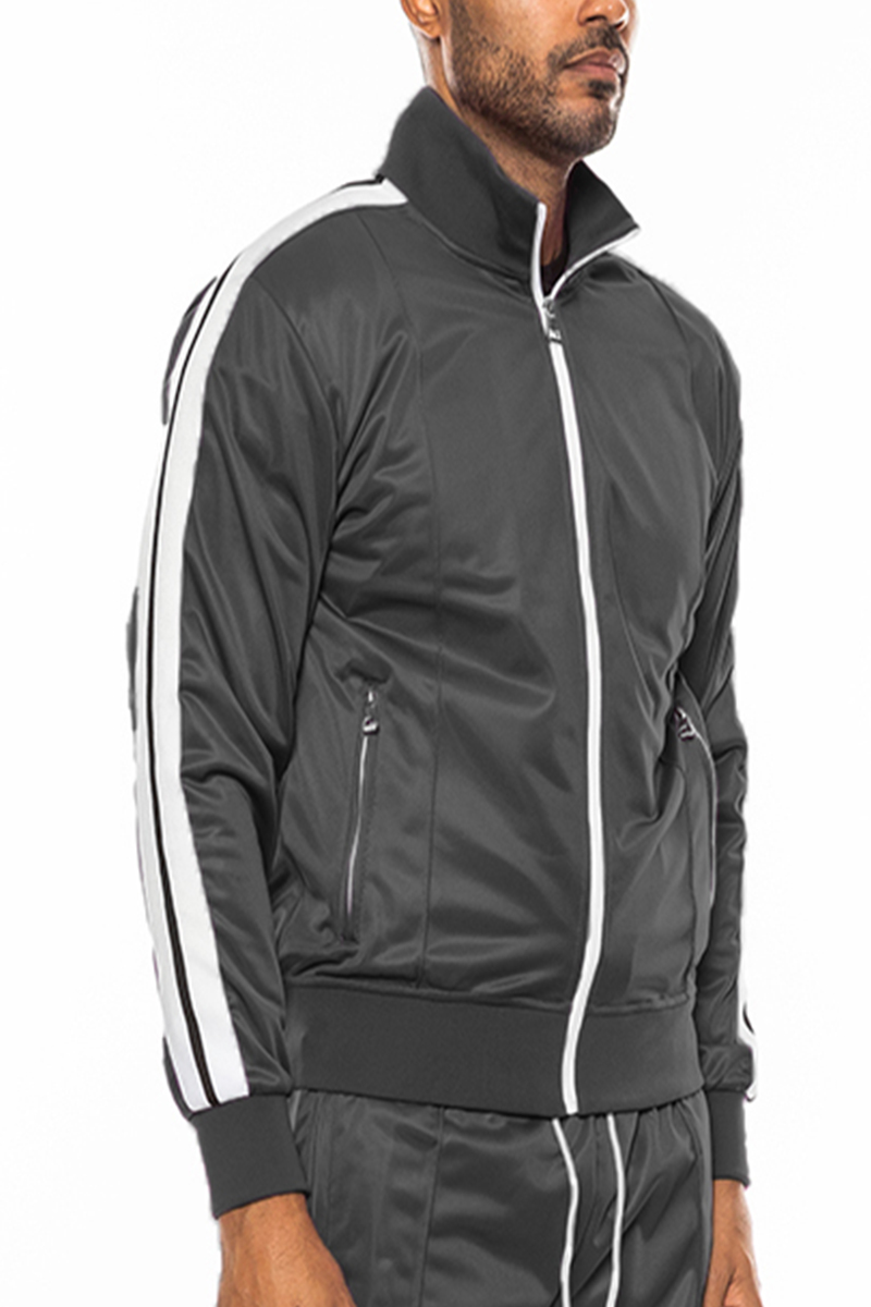 Striped Tape Track Jacket featuring a full zip design, collar, and zippered pockets, made from durable 100% polyester.