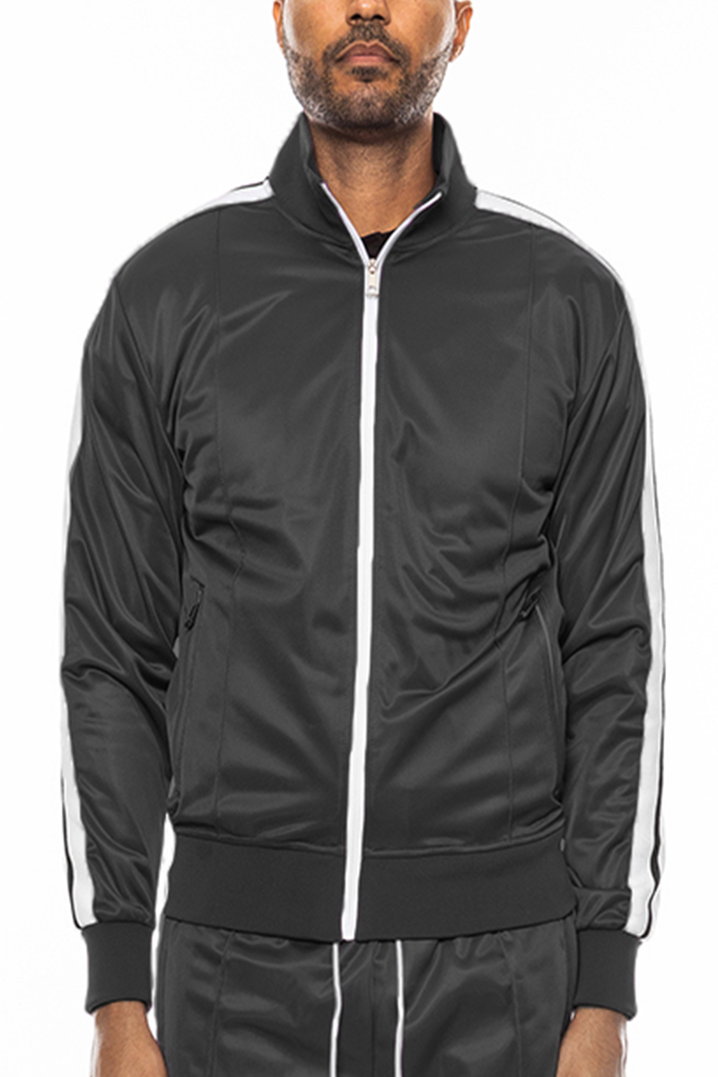 Striped Tape Track Jacket featuring a full zip design, collar, and zippered pockets, made from durable 100% polyester.