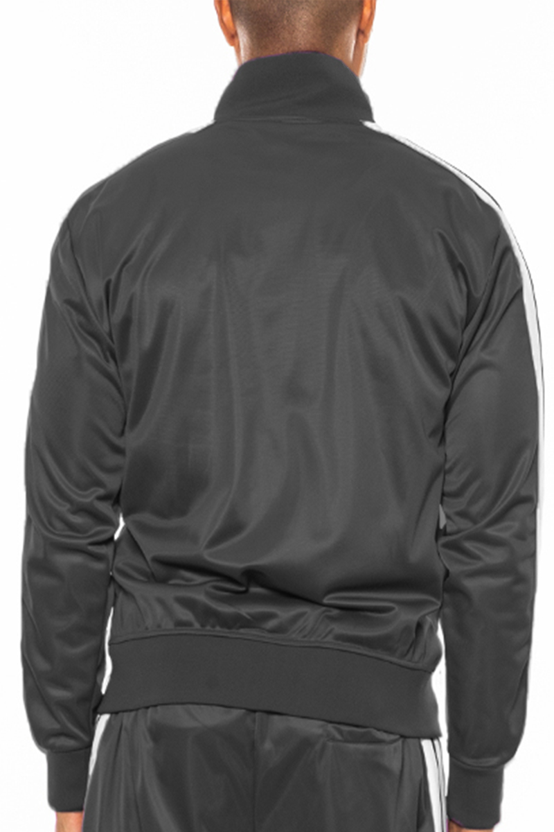 Striped Tape Track Jacket featuring a full zip design, collar, and zippered pockets, made from durable 100% polyester.