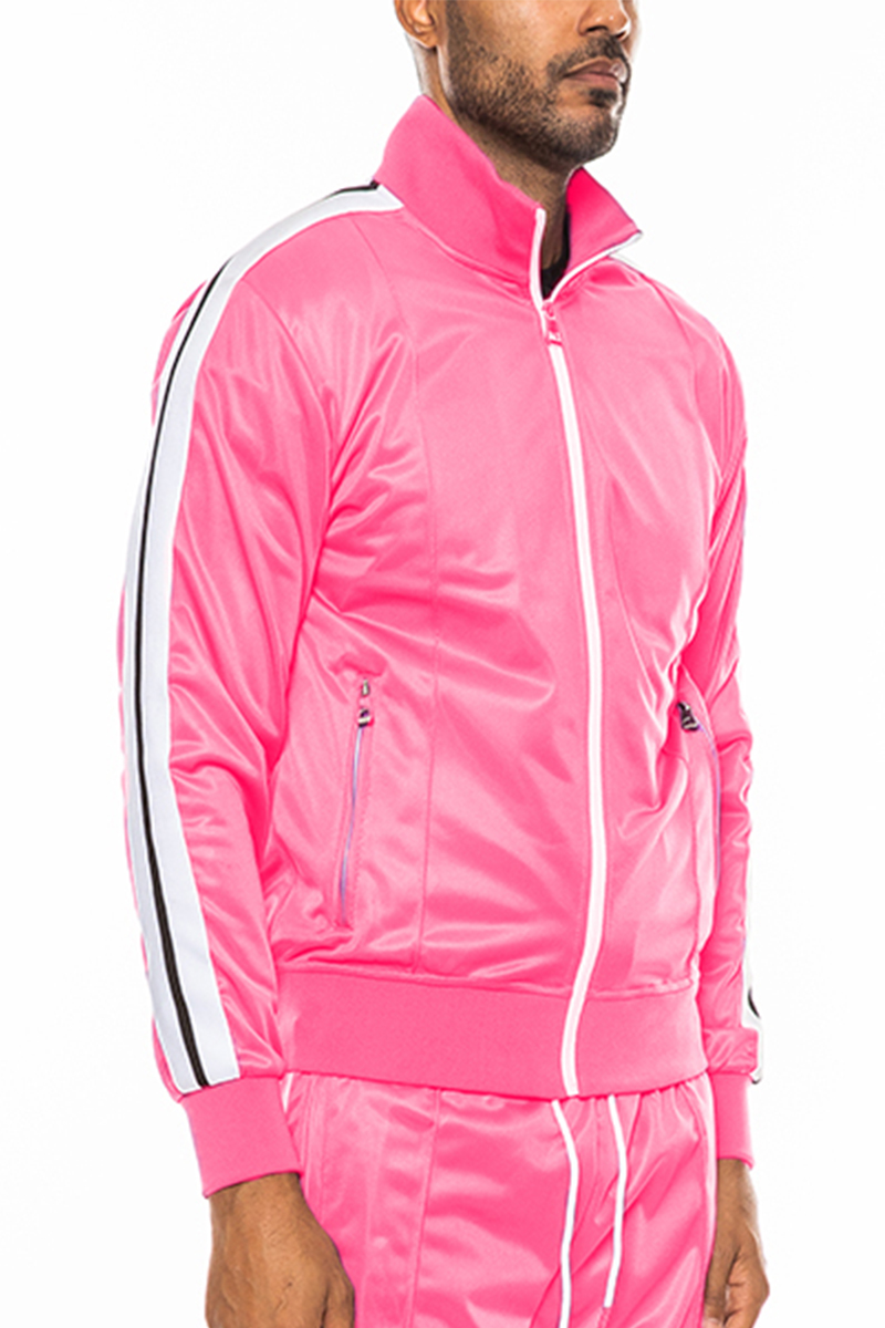 A stylish striped tape track jacket made of 100% polyester, featuring a full zip, collar, and zippered pockets.