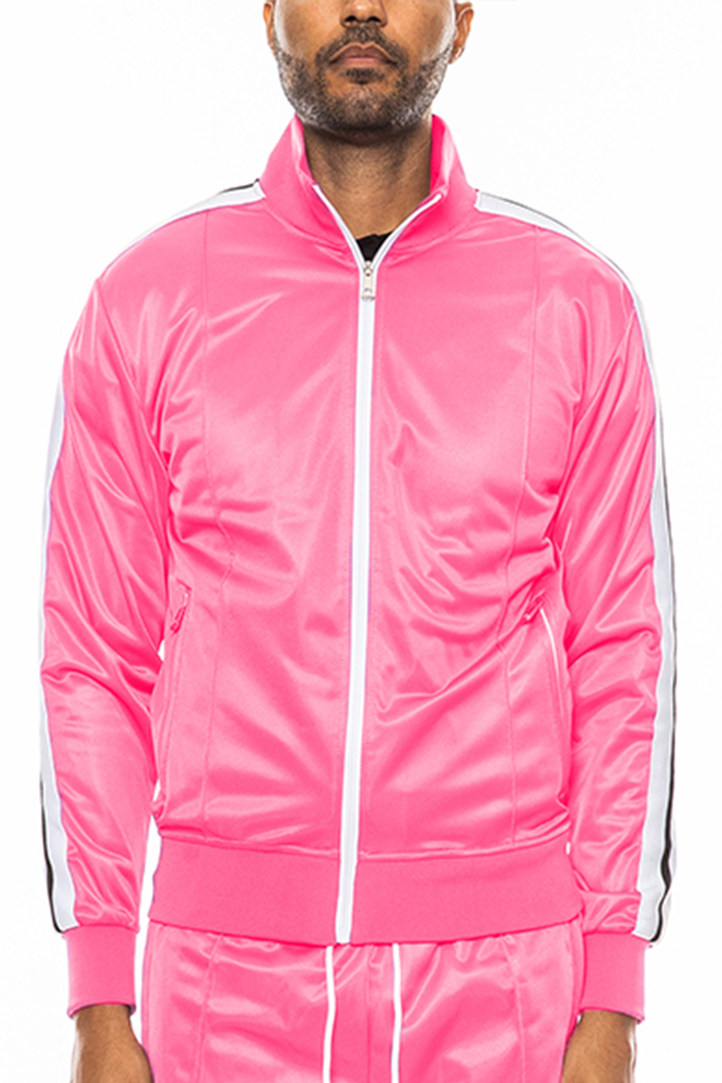 A stylish striped tape track jacket made of 100% polyester, featuring a full zip, collar, and zippered pockets.