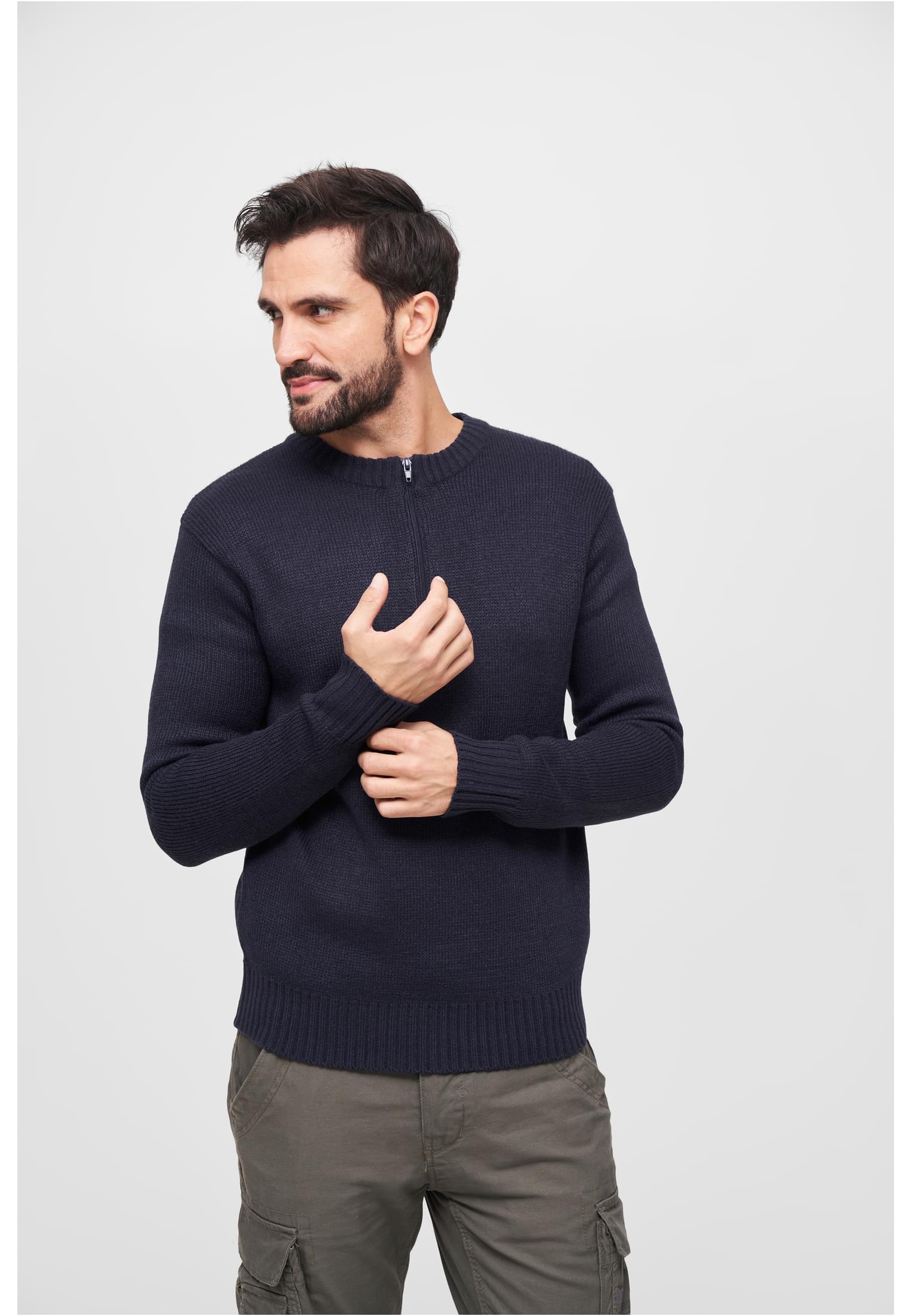 Swiss Army Pullover featuring a round neck and zipper, designed for comfort and style with knitted cuffs and hem.