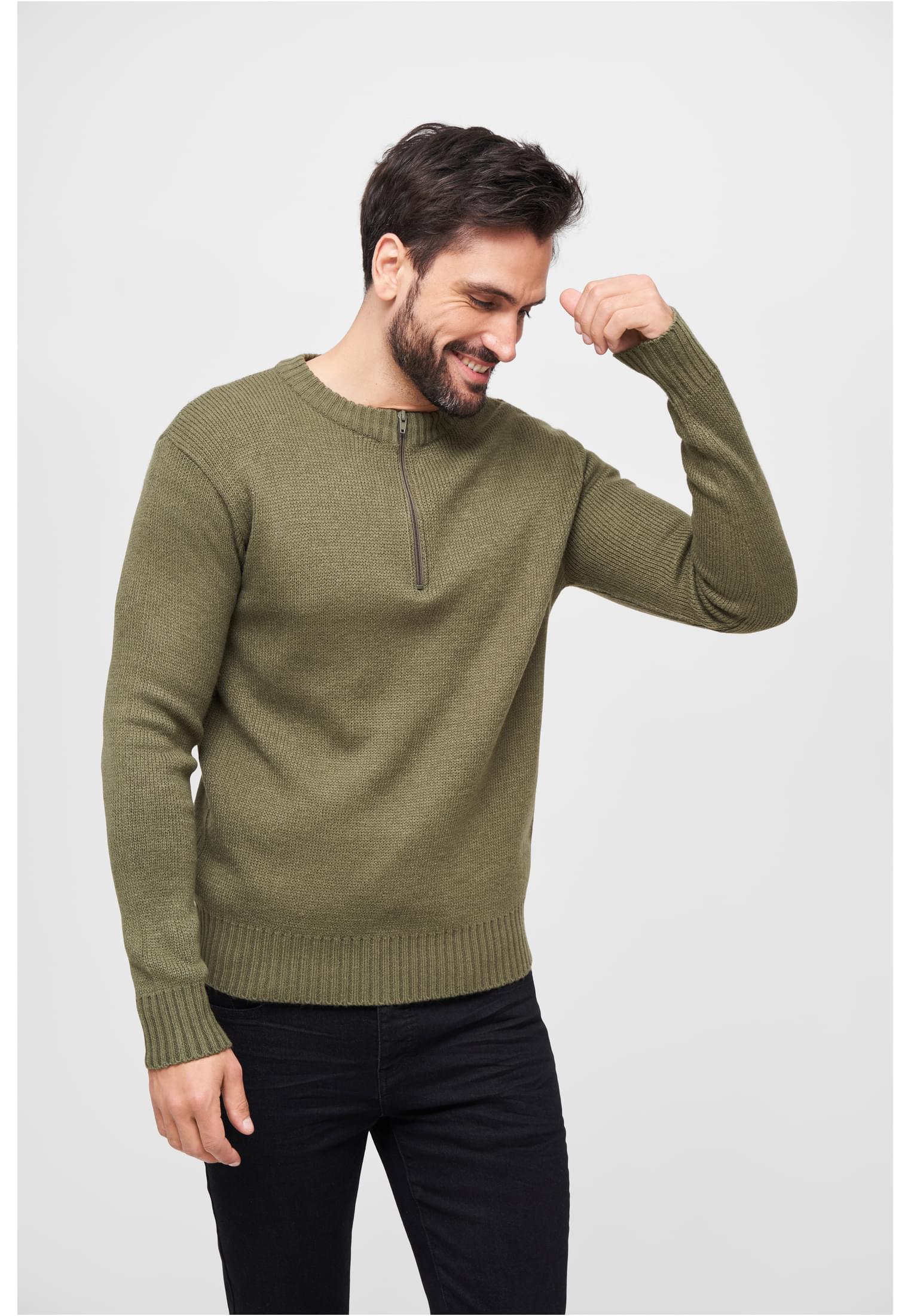 Swiss Army Pullover featuring a round neck and zipper, designed for comfort and style with knitted cuffs and hem.