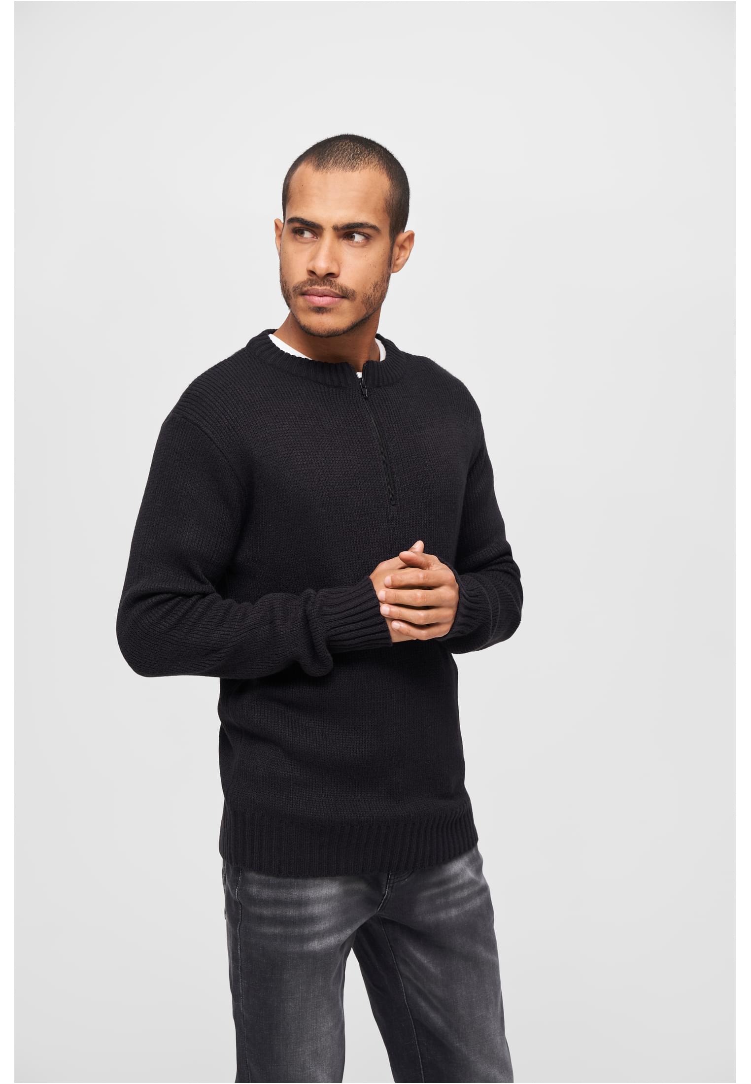 Swiss Army Pullover featuring a round neck and zipper, designed for comfort and style with knitted cuffs and hem.