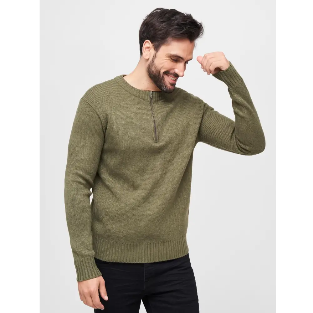 Swiss Army Pullover featuring a round neck and zipper, designed for comfort and style with knitted cuffs and hem.