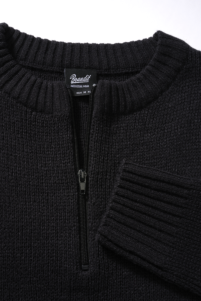 Swiss Army Pullover featuring a round neck and zipper, designed for comfort and style with knitted cuffs and hem.