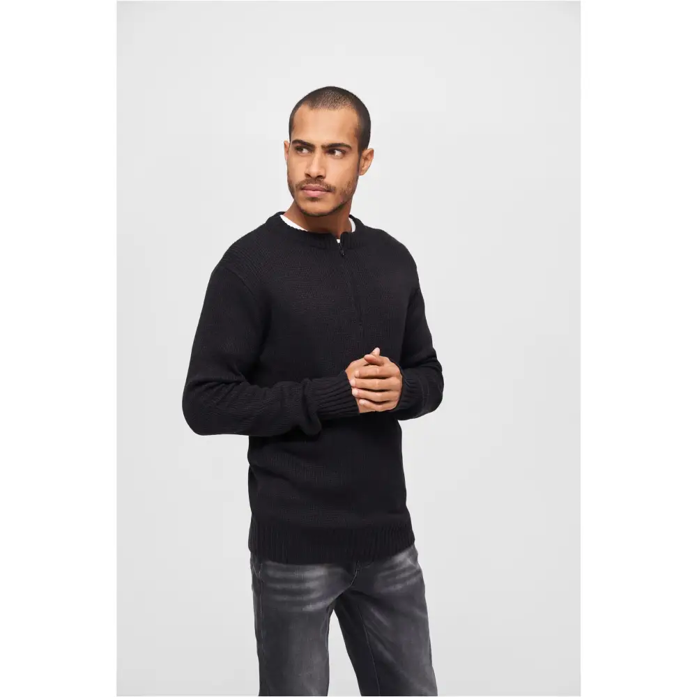 Swiss Army Pullover featuring a round neck and zipper, designed for comfort and style with knitted cuffs and hem.