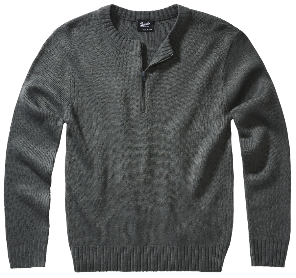 Swiss Army Pullover featuring a round neck and zipper, designed for comfort and style with knitted cuffs and hem.