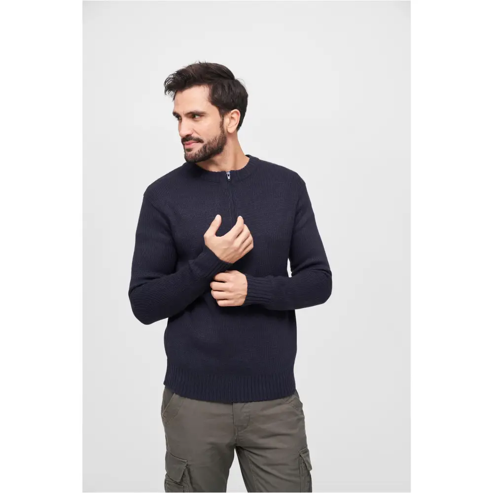 Swiss Army Pullover featuring a round neck and zipper, designed for comfort and style with knitted cuffs and hem.