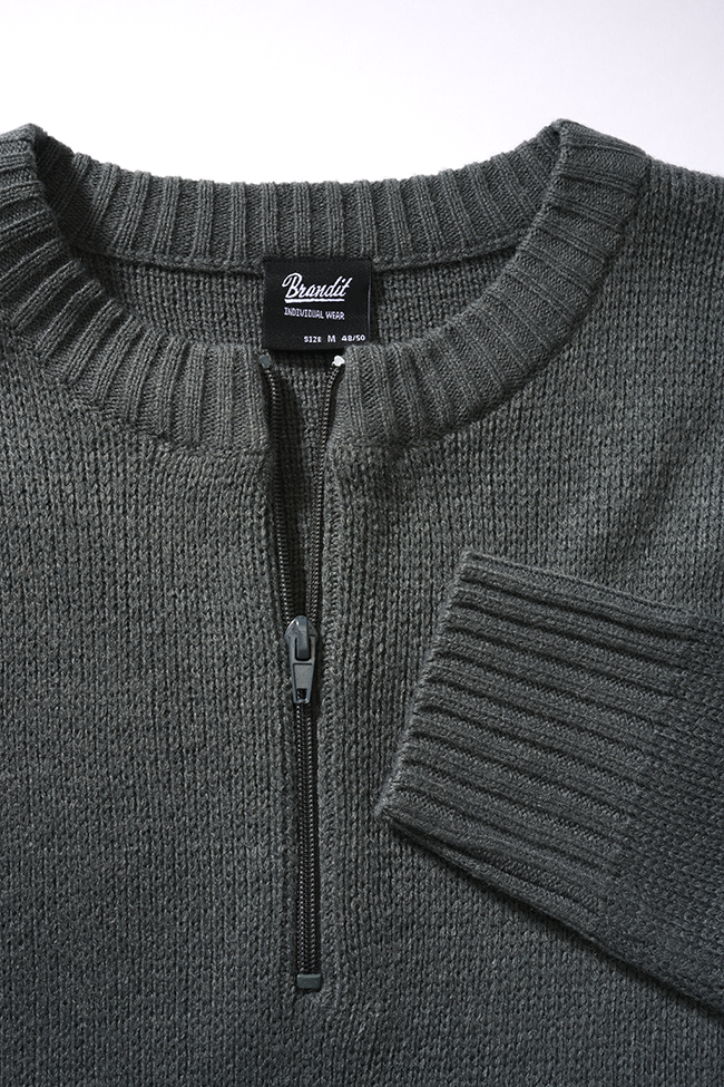 Swiss Army Pullover featuring a round neck and zipper, designed for comfort and style with knitted cuffs and hem.