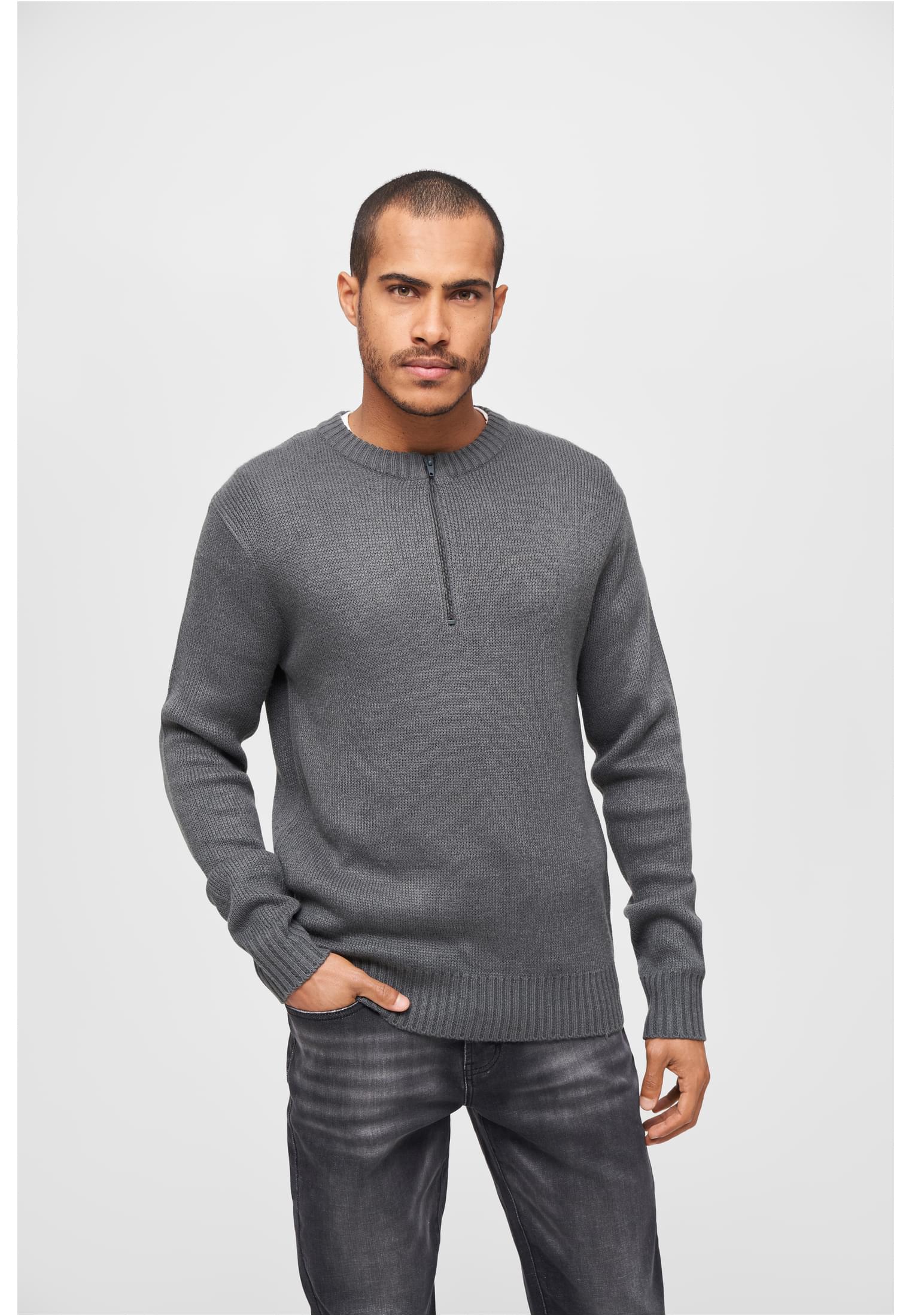 Swiss Army Pullover featuring a round neck and zipper, designed for comfort and style with knitted cuffs and hem.